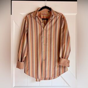 Robert Graham Men Multi Color Striped Flip Cuff Cotton Button Shirt L
